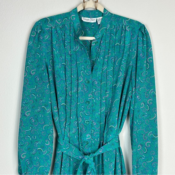 VTG Schrader Sport Polyester Sheath Teal Long Sleeve Silky Dress 10 - Picture 2 of 10